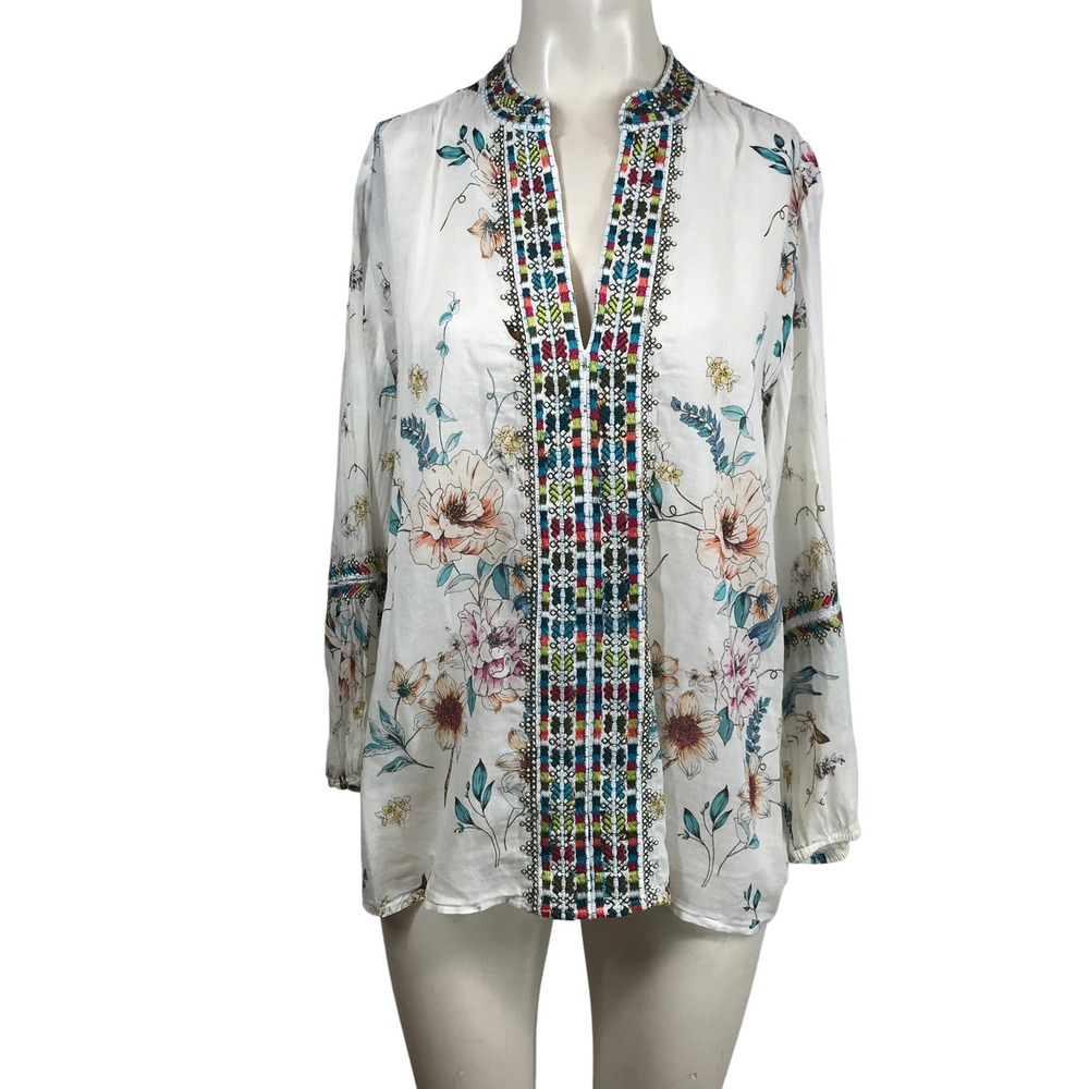 Johnny Was Workshop White Floral Embroidered Linen Blend Boho Blouse Womens M